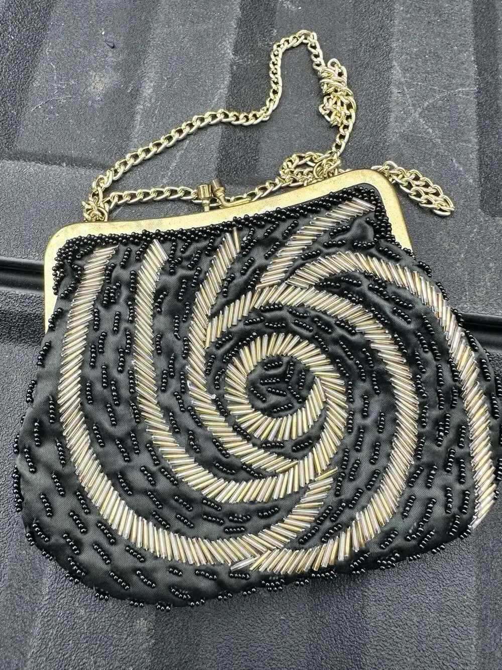 Regale Ltd. Vintage Black and Gold Swirl Beaded Evening Clutch Bag with Chain